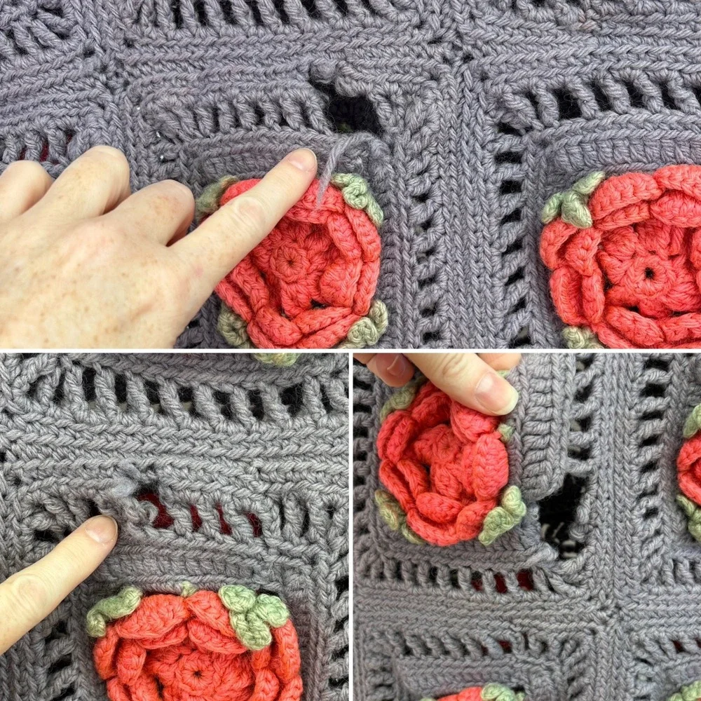 FLAWED Crochet Granny Square Blanket Purple 3D Pink Roses Handmade Cottagecore